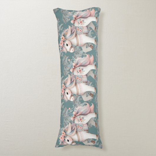 幻想的な花とパステルカラーの馬のイラスト ボディピロー (正面縦)