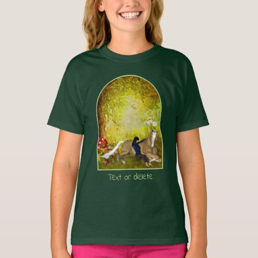 幻想的な花と少女と馬の個性的なアート Tシャツ (正面)