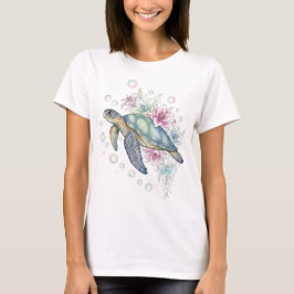 幻想的な花と真珠のような海ガメ Tシャツ
