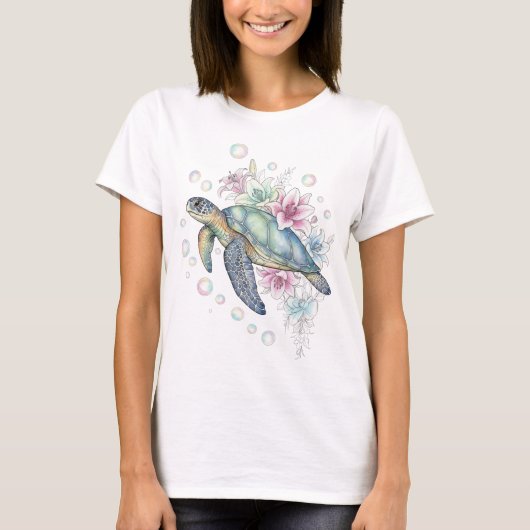 幻想的な花と真珠のような海ガメ Tシャツ (正面)