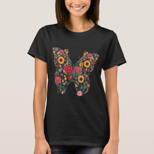 幻想的な花と蝶のシルエットデザイン Tシャツ (正面)