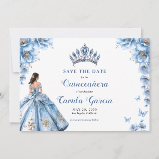 幻想的な花のダスティーブルーのティアラ キンセアニエラ セーブザデート (正面)