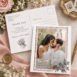 幻想的な花のフレームの写真の結婚式のお礼 ポストカード