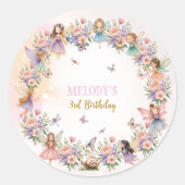 幻想的な花の妖精の庭 3歳の誕生日 ラウンドシール (正面)
