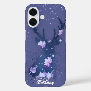 幻想的な花の牡鹿 パープルのペンキ飛沫 iPhone 16ケース