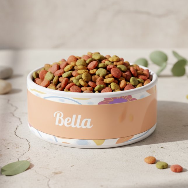 幻想的な花の陶器製ペットボウル ピーチ ブルー ホワイト ボウル (Cute pastel customizable food bowl for your furry friend.)