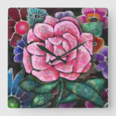 幻想的な花柄のピンクのバラ アール・ヌーヴォー植物画 スクエア壁時計 (正面)