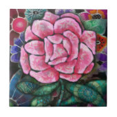 幻想的な花柄のピンクのバラ アール・ヌーヴォー植物画 タイル (正面)