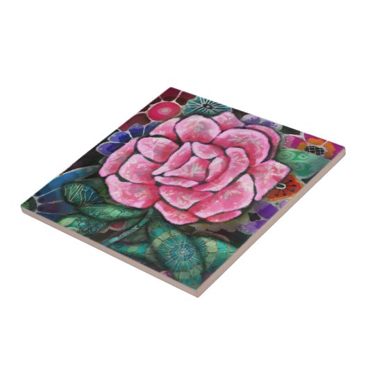 幻想的な花柄のピンクのバラ アール・ヌーヴォー植物画 タイル (側面)