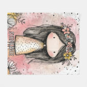 幻想的な花柄の女の子 水彩画 (9) フリースブランケット (正面(横))