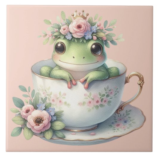 幻想的な花柄ティーカップのカエル タイル (正面)