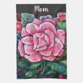 幻想的な花柄 ピンクのバラ アール・ヌーヴォー 植物画 キッチンタオル