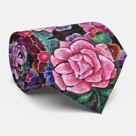 幻想的な花柄 ピンクのバラ アール・ヌーヴォー 植物画 ネクタイ (ロール)