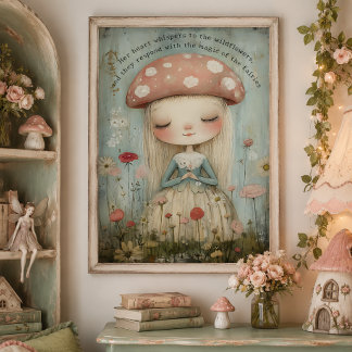 幻想的な花畑のキノコと妖精アート ポスター