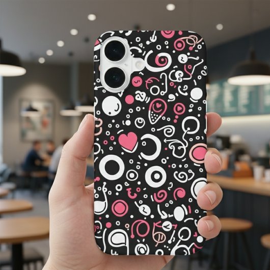 幻想的な落書きの雰囲気 – 抽象的なハートと螺旋 iPhone 16ケース