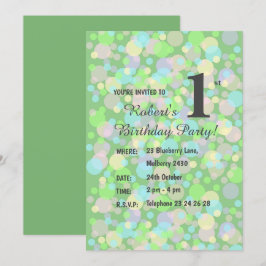 幻想的な虹のソフトパステルドット男子 緑の誕生日I 招待状