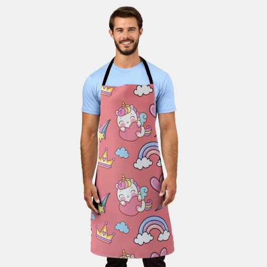 幻想的な虹の一角模様の誕生日パーティー エプロン (着用した状態)