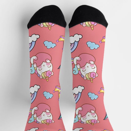 幻想的な虹の一角模様の誕生日パーティー ソックス (上部)