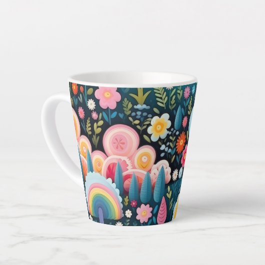 幻想的な虹の庭 フローラルファンタジーパターン カフェラテマグ (左アングル)