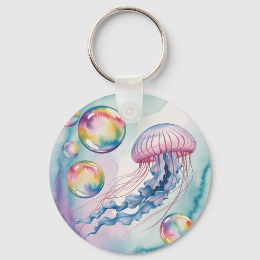 幻想的な虹色のクラゲの水彩デザイン キーホルダー (正面)