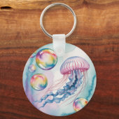幻想的な虹色のクラゲの水彩デザイン キーホルダー (正面)