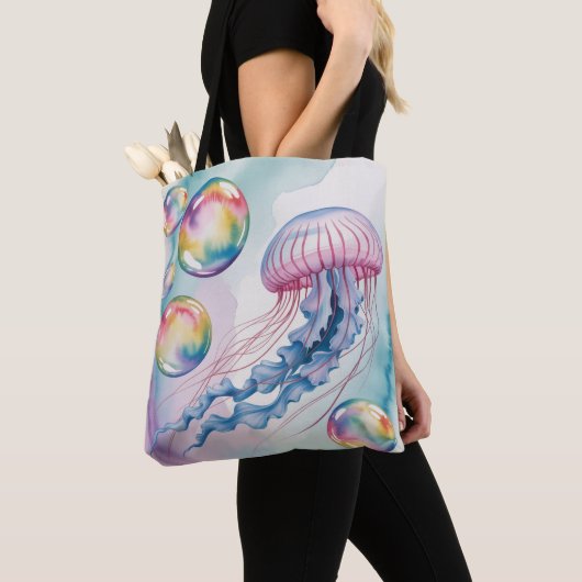 幻想的な虹色のクラゲの水彩デザイン トートバッグ (クローズアップ)