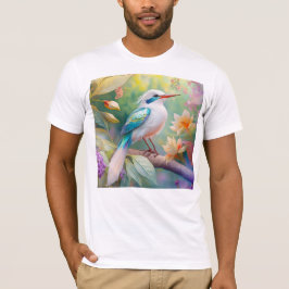 幻想的な虹色のティール翼を持つ白い冠の鳥 Tシャツ