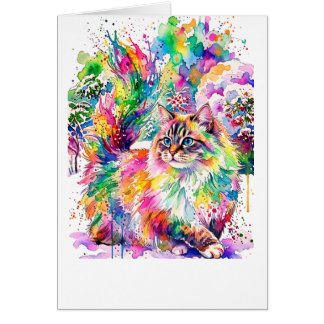 幻想的な虹色の水彩画のふわふわ猫の冬の風景
