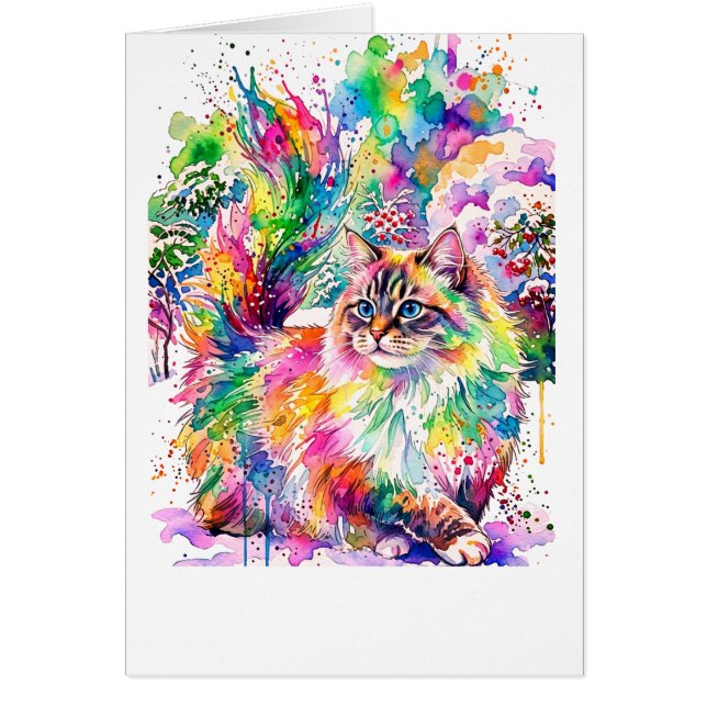 幻想的な虹色の水彩画のふわふわ猫の冬の風景 (正面)