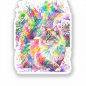 幻想的な虹色の水彩画のふわふわ猫の冬の風景 シール (正面)