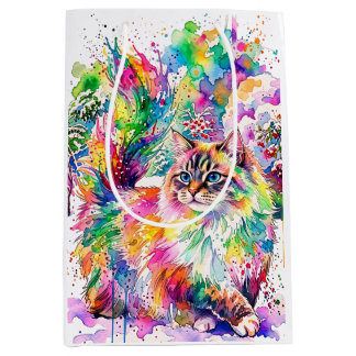 幻想的な虹色の水彩画のふわふわ猫の冬の風景 ミディアムペーパーバッグ