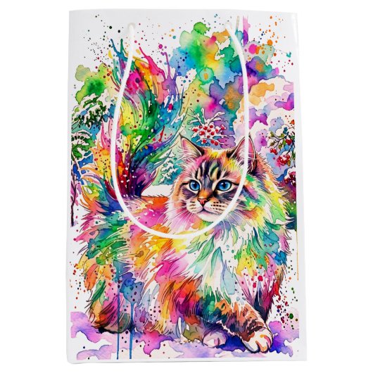 幻想的な虹色の水彩画のふわふわ猫の冬の風景 ミディアムペーパーバッグ (正面)