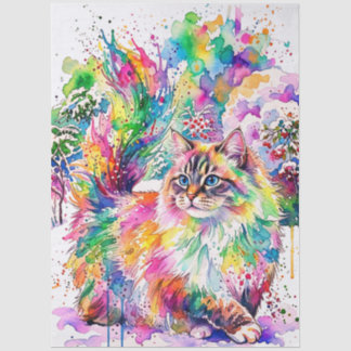 幻想的な虹色の水彩画のふわふわ猫の冬の風景 薄葉紙