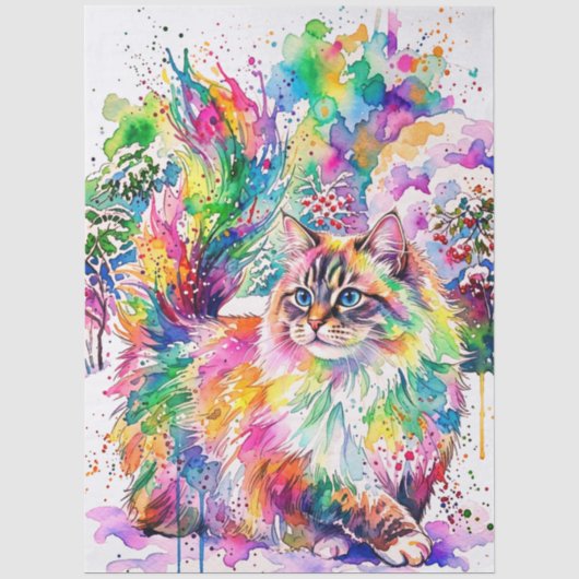 幻想的な虹色の水彩画のふわふわ猫の冬の風景 薄葉紙 (正面)