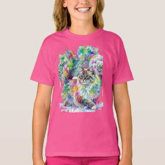 幻想的な虹色の水彩画ふわふわ猫の冬 Tシャツ