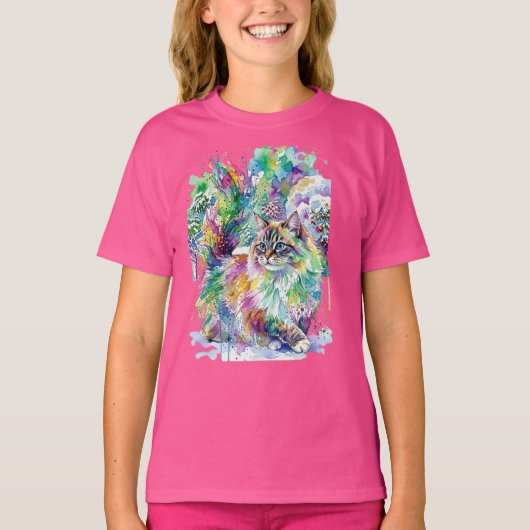 幻想的な虹色の水彩画ふわふわ猫の冬 Tシャツ (正面)