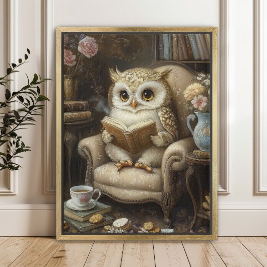 幻想的な読書フクロウの本好きアートプリント ポスター