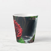 幻想的な赤いバラと滝の前 カフェラテマグ (正面)