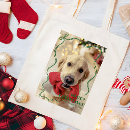 幻想的な赤いリボンのメリークリスマスペット写真 トートバッグ