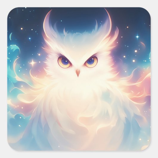 幻想的な輝きの白いフクロウ スクエアシール (正面)