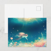 幻想的な輝く海の中のウミガメ ポストカード (正面/裏面)