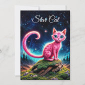 幻想的な輝く猫、長い尾、青い目、アート 招待状 (正面)
