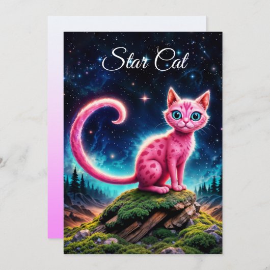 幻想的な輝く猫、長い尾、青い目、アート 招待状 (正面/裏面)