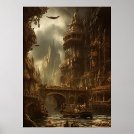 幻想的な都市は、川の橋は、建物 ポスター