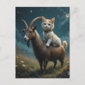 幻想的な野原のヤギに乗るかわいい猫 ファンタジー ポストカード (正面)