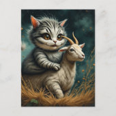 幻想的な野原のヤギに乗る猫 ポストカード (正面)