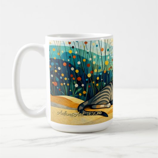 幻想的な野花の草原に佇むトラ猫 コーヒーマグカップ (左)