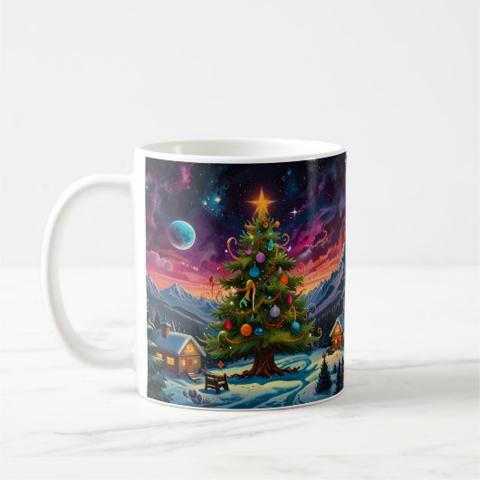 幻想的な雪だるまのクリスマスアート コーヒーマグカップ (左)