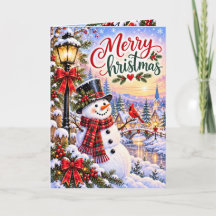 幻想的な雪だるまのクリスマスグリーティングカード | 赤