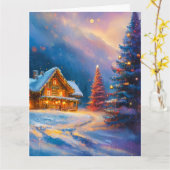 幻想的な雪の山のクリスマスキャビン カード (黄色い花)